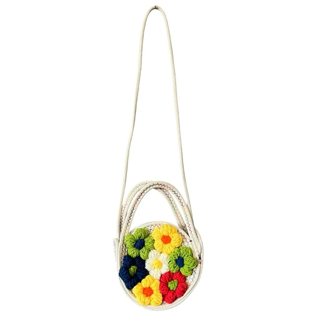 Crochet Floral Crossbody Bag Colorful Flower Boho Cottagecore Woven Open